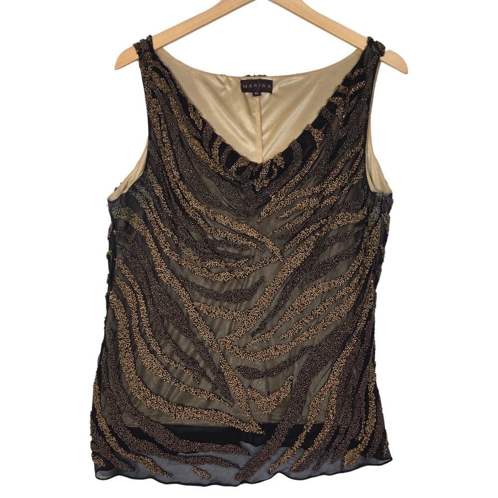 Marina Womens Beaded Silk Top XL Black Gold Zebra Pattern Sleeveless Evening